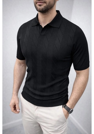 Erkek Yazlık Triko Dokuma Tişört Kısa Kol Polo Yaka T-shirt - Siyah
