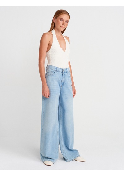 Dilvin 10799 Halter V Yaka Dokulu Triko Bluz-ekru Ekru