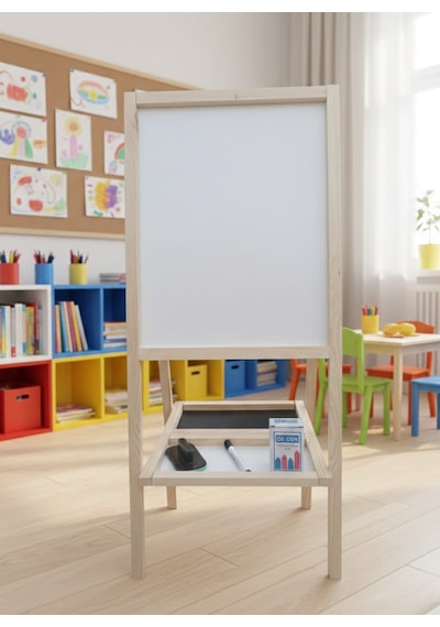 Drn Kids Ve Eğitim Çift Taraflı Yazı Tahtası 15 Renkli Tebeşir , 15 Beyaz Tebeşir Silgi Ve Kalem Hediyesidir Ahşap