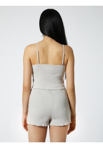 Koton Askılı Pijama Üstü Crop Düğmeli Fitilli Bej Melanj 3slk90017mk 3SLK90017MKBJM