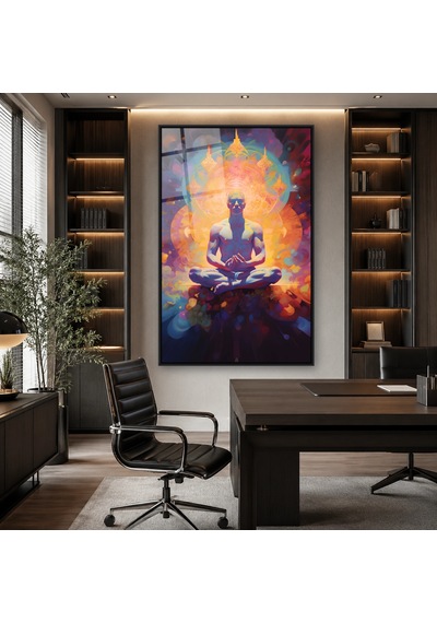 Renkli Aurada Lotus Meditasyonu Siyah Çerçeveli Cam Tablo