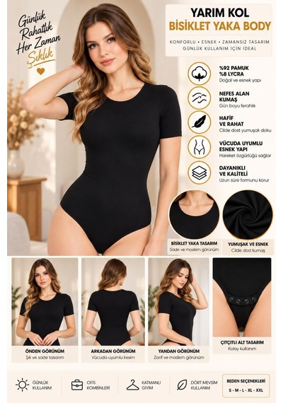 Kadın Yarım Kol Bisiklet Yaka Çıtçıtlı Body Siyah, Esnek Kumaş, Vücuda Oturan Basic Body - Ryl - 2721 Diğer