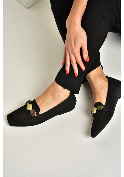 Fox Shoes Y820400304 Siyah Triko Kumaş Boncuk Detaylı Kadın Babet