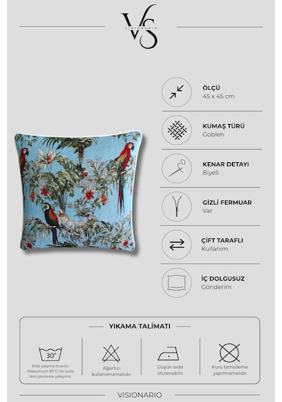 Desenli Goblen Dokuma Dekoratif Biye Kenarlı Kırlent Kılıfı Açık mavi