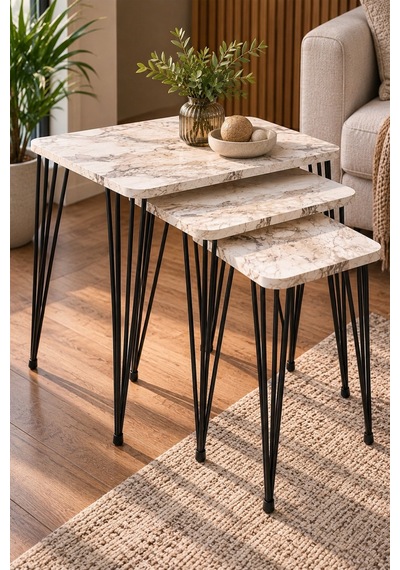 Sulorahome 3'lü Mermer Desenli Metal Tel Zigon Sehpa Takımı Beyaz