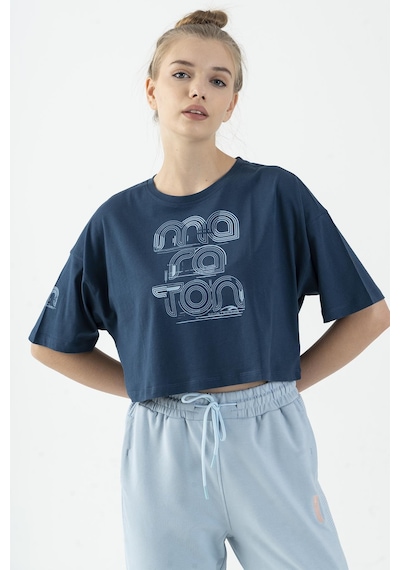 Maraton Comfort Kadın Bisiklet Yaka Navymelanj Crop Top Navymelanj