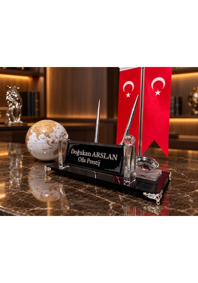 Velora 3 Parça Kristal Ofis Seti Kişiye Özel İsimlik Türk Bayraklı Beyaz Dünya Küreli Beyaz - Siyah