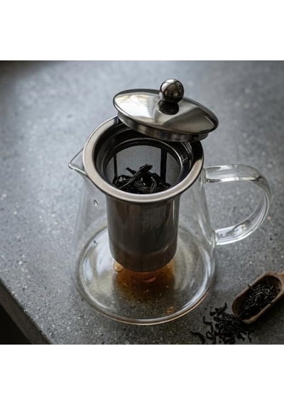 Paslanmaz Metal Süzgeçli Borosilikat Cam Demlik - 950 Ml Bitki Çayı Demliği Ve Çaydanlık Üst Cam Demlik