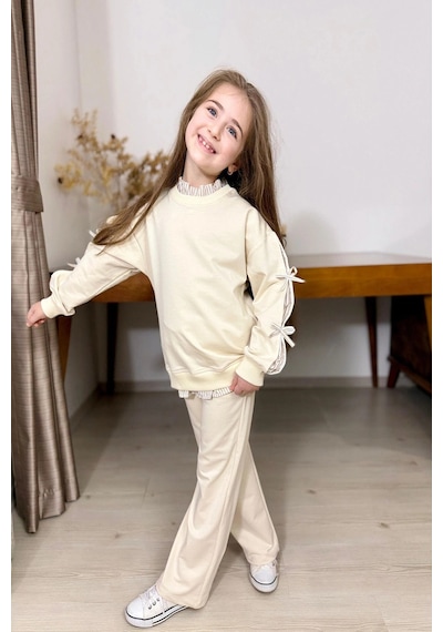 Koçak Kids Gömlek Desenli Krem Rengi Kız Çocuk Takım Krem