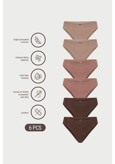 Auw Kadın Lastiksiz Pamuklu Modal Basic Cheeky Külot 6'lı - Softfit Latte,bronz,bitter