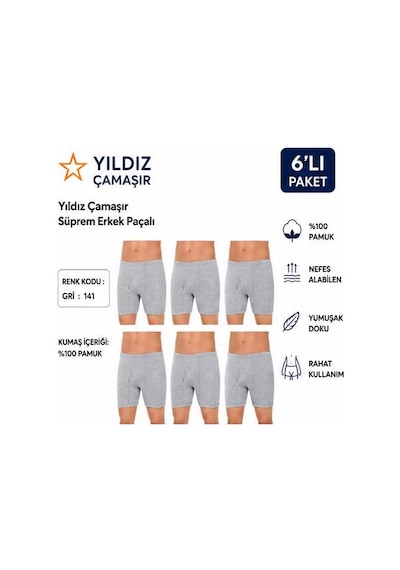 Yıldız Çamaşır Erkek Süprem Erkek Paçalı Boxer 05-140-141 - 6 Adet Gri
