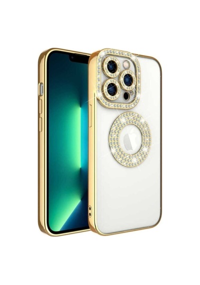 Apple Uyumlu iPhone 13 Pro Kılıf Kamera Korumalı Taş Süslemeli Arkası Şeffaf Zore Asya Kapak Gold