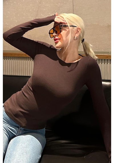 Madmext Acı Kahve Kayık Yaka Uzun Kollu Kadın Top Body Mg2267 Acı Kahverengi