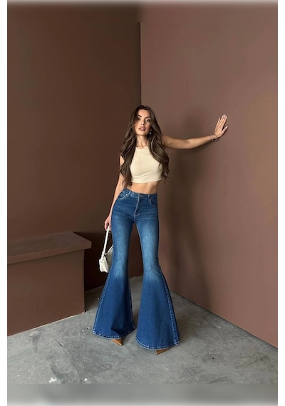 Extra Geniş Paça Yüksek Bel Likralı İspanyol Jeans Çok Renkli Extra Geniş Paça Yüksek Bel Likralı İspanyol Jeans Çok Renkli