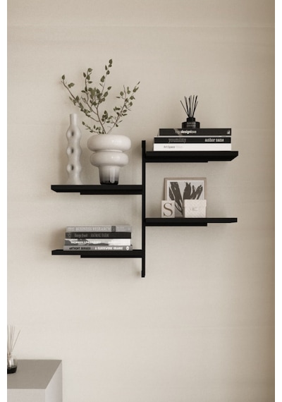 Aju 4 Katlı Duvar Rafı Metal Çerçeveli Dekoratif Kitaplık Ve Raf Ünitesi Modern Ve Minimalistt Siyah
