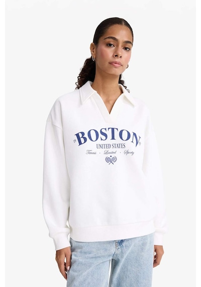 Defacto Relax Fit Polo Yaka Baskılı Kalın Sweatshirt F1064ax25auer105 Ekru