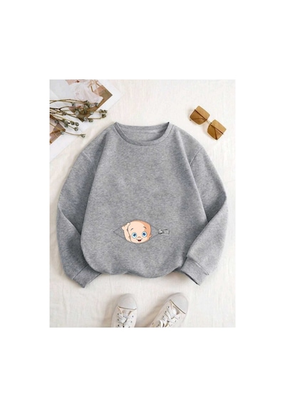Caxis Kadın Fermuar Bebek Baskılı Hamile Oversize Bisiklet Yaka Sweatshirt Gri
