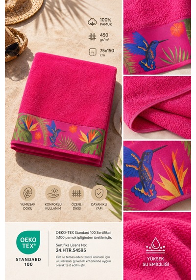 Pembe Plaj Havlusu %100 Pamuk Sertifikalı Tropik Desenli Havuz Havlusu Üstün Emici 75x150cm