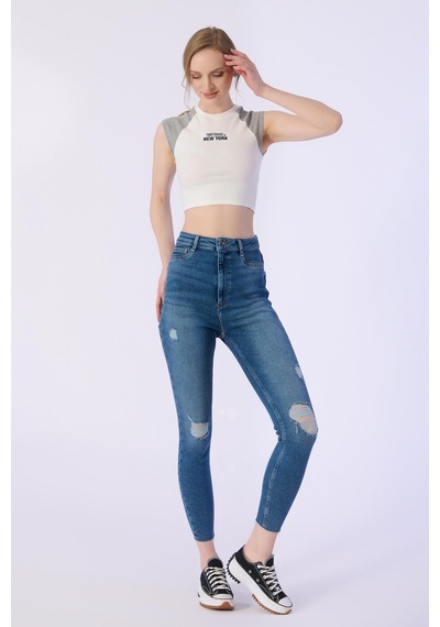 Skınny Cep Kapalı Dizler Lazerlı Paça Kesik Denim Pantolon-mavi Mavi