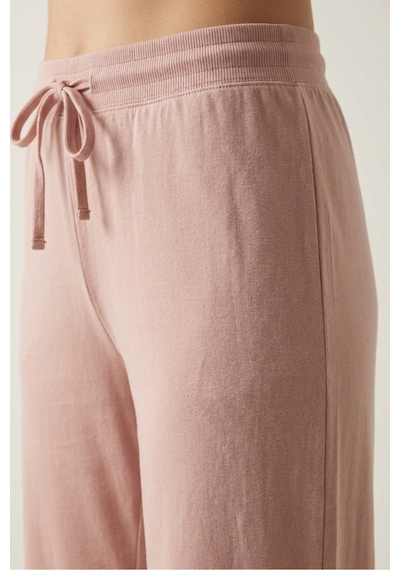 Elemge %100 Pamuk Süprem Kadın Pijama Altı Bol Kalıp Compact Penye Pembe Geniş Paça Ipli Terletmez Alt