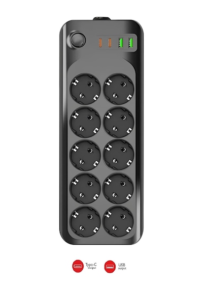 Mobee Termal Akım Korumalı Grup Priz Usb & Type-c 2.1a Şarj Çıkışlı 10 Lu Uzaatma Kablo 10a 2500w 2 Metre 3423