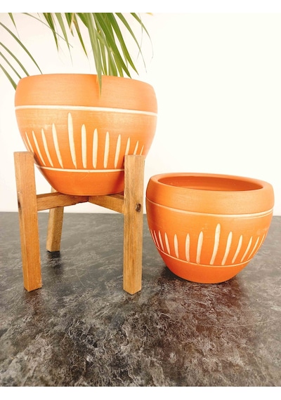 BİTKİ TASARIMI EV DEKORASYON DİK ÇİZGİ DESENLİ TERRAKOTA TOPRAK SAKSI SAKSILIK SALON ÇİÇEKLİK İKİLİ SET AYAKSIZ - 4 AYAKLI- 15 CM