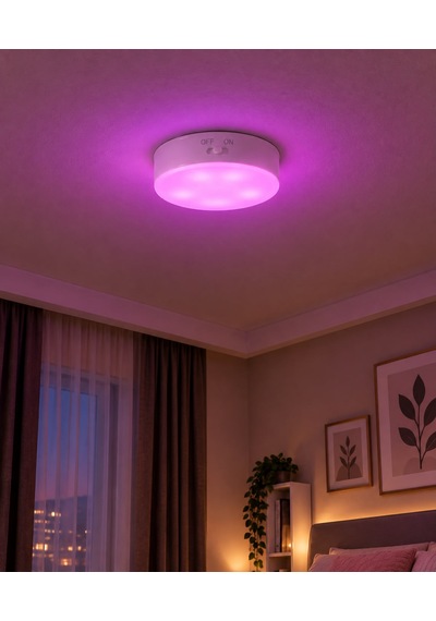 1 Adet Rgb Led Lamba Yapışkanlı Mıknatıslı Şarj Edilebilir Kumandalı Yuvarlak Renk Değiştiren Led Çok Renkli