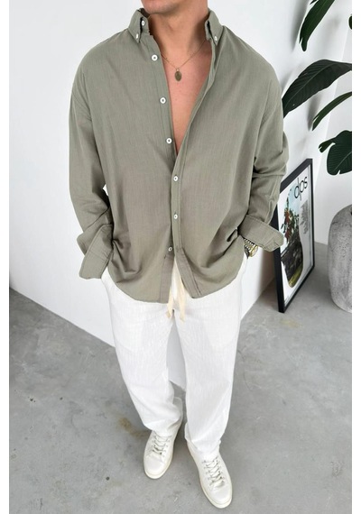 Haki Oversize Fresh Keten Gömlek Haki