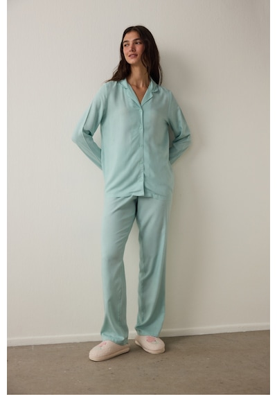 Penti Mint Sleep-In Yıldız Desenli Gömlek Yaka Uzun Kollu Pijama Takımı