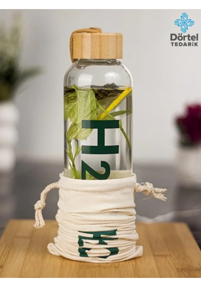 H2o Bambu Kapaklı Cam Matara Bez Kılıf Hediyeli 600 Ml Beyaz