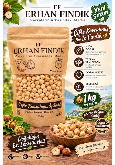 Erhan Fındık Çifte Kavrulmuş İç Fındık 1 Kg Ordu Fındığı