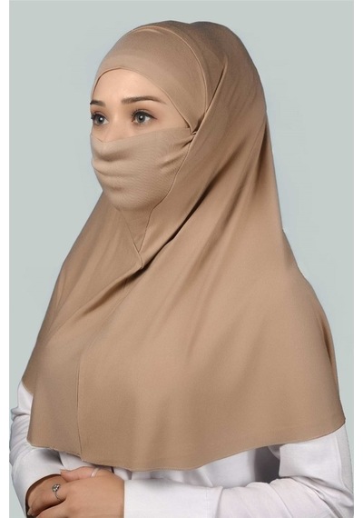 Altobeh Hazır Türban Peçeli Pratik Eşarp Tesettür Nikaplı Hijab - Namaz Örtüsü Sufle (XL) - Koyu Bej