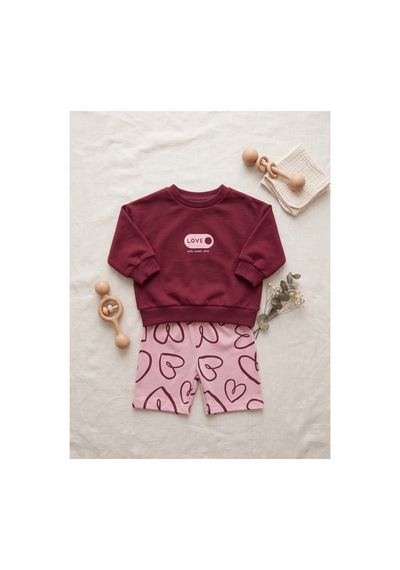 Deniva Kids Kız Bebek Bordo Sweatshirt Ve Kalp Desenli Pembe Eşofman Altı 2'li Pamuklu Takım
