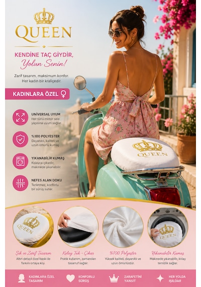 Queen Kadınlara Özel Universal Motor Sele Kılıfı Yıkanabilir Scooter Sele Örtüsü Beyaz