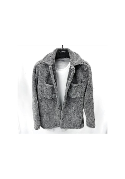 Unisex Gri Düğme Detaylı Cepli Peluş Ceket Gri