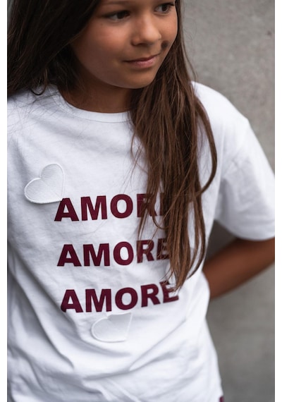 Antebies Pamuk, Sustainable, Krem Kalp İşlemeli Kız Çocuk Tshirt Kırmızı