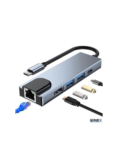 Winex 5in1 Type-C to HDMI 2xUsbA 3.0 Ethernet Hub Port Adaptör