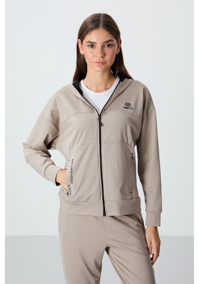Tommy Life Koyu Bej Kapüşonlu Gizli Cep Detaylı Standart Kalıp Kadın Eşofman Takımı - 95306 Koyu Bej