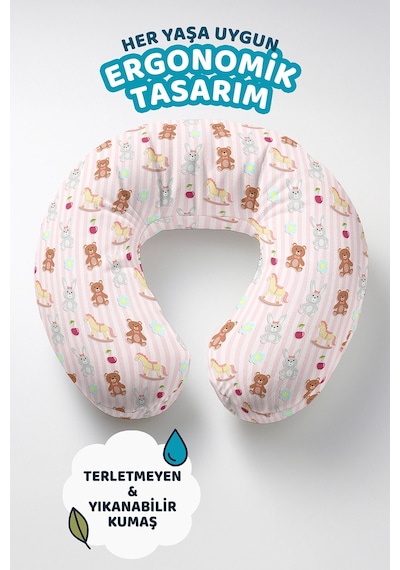 Sevimli Hayvan Desenli Pamuklu Boyun Yastığı - Pastel Pembe Çizgili Çocuk & Yetişkin Seyahat Yastığı Çok Renkli