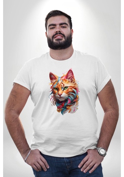 Angemiel Hayvan Kedi Sanat Potre Beyaz Büyük Beden Kadın Erkek Ünisex Basic Ön Baskılı Tişört Beyaz