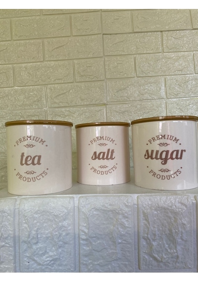 3'lü Vakumlu Kapaklı Porselen 1000 Ml Tea/salt/sugar Çay Tuz Şeker Kavanoz Seti
