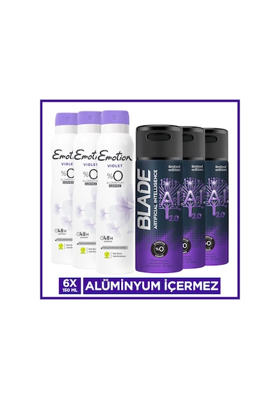 Blade Artificial Intelligence 2.0 Erkek Deodorant 3x150 Ml, Emotion Violet Kadın Deodorant 3x150 Ml Blade Artificial Intelligence 2.0 Erkek Deodorant 3x150 Ml, Emotion Violet Kadın Deodorant 3x150 Ml