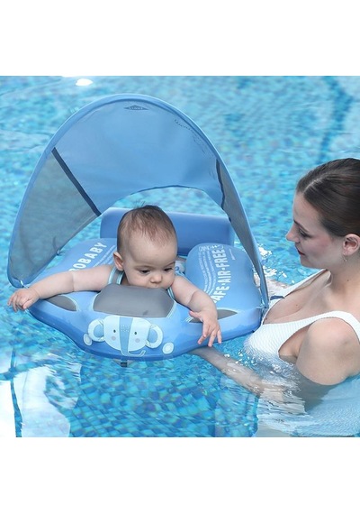 Mambobaby Yüzme Simidi - Mavi Fil, Emniyetli, Gölgelikli Ve Ayak Destekli