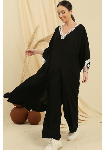 By Saygı Dantel Detaylı Cepli Uzun Tunik Beli Lastikli Pantolon Oversize 2'li Viskon Takım-35780-siyah Siyah By Saygı Dantel Detaylı Cepli Uzun Tunik Beli Lastikli Pantolon Oversize 2'li Viskon Takım-35780-siyah Siyah