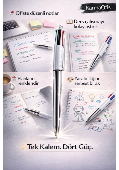 4 Colors Shine Çok Renkli Tükenmez Kalem Gümüş Gri