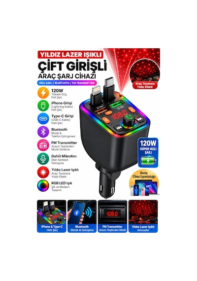 Castu T6 120w Hızlı Araç Şarj Cihazı Fm Transmitter Bluetooth Araç Kit Yıldız Lazer Işıklı