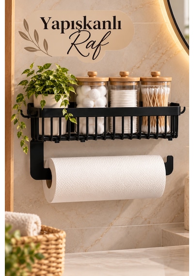 Porsima 161244-010 Yapışkanlı Siyah Metal Mutfak Ve Banyo Rafı Ve Kağıt Havluluklu Mutfak-banyo Düzenleyici