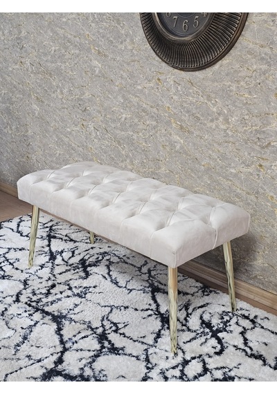 Zafir Gold Kaplama Sivriltme Ayaklı 90 Cm Puf Bench - Puf - Bench - Kasalı Oturak - Oturak - Yatak Ucu Puf Krem