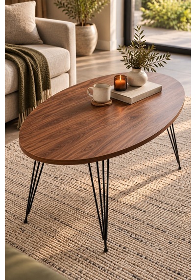 Sulorahome Ceviz Desenli Tel Ayaklı Oval Orta Sehpa