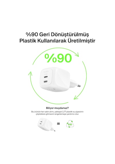 Belkin 2 Bağlantı Noktalı Usb-c Şarj Cihazı 50 W, 2x Usb-c Çift B